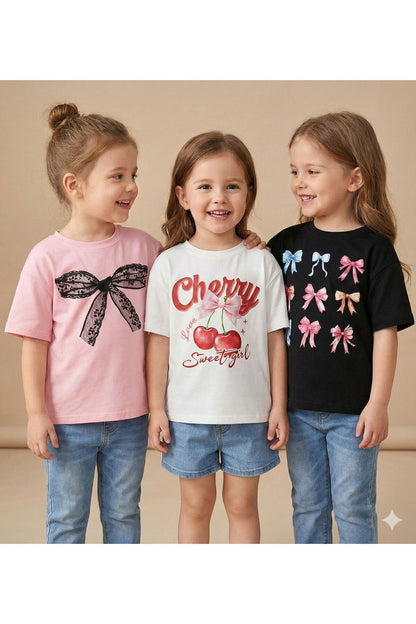 3'lü Paket Cherry Kurdeleler Baskılı Çocuk Pamuklu Tshirt