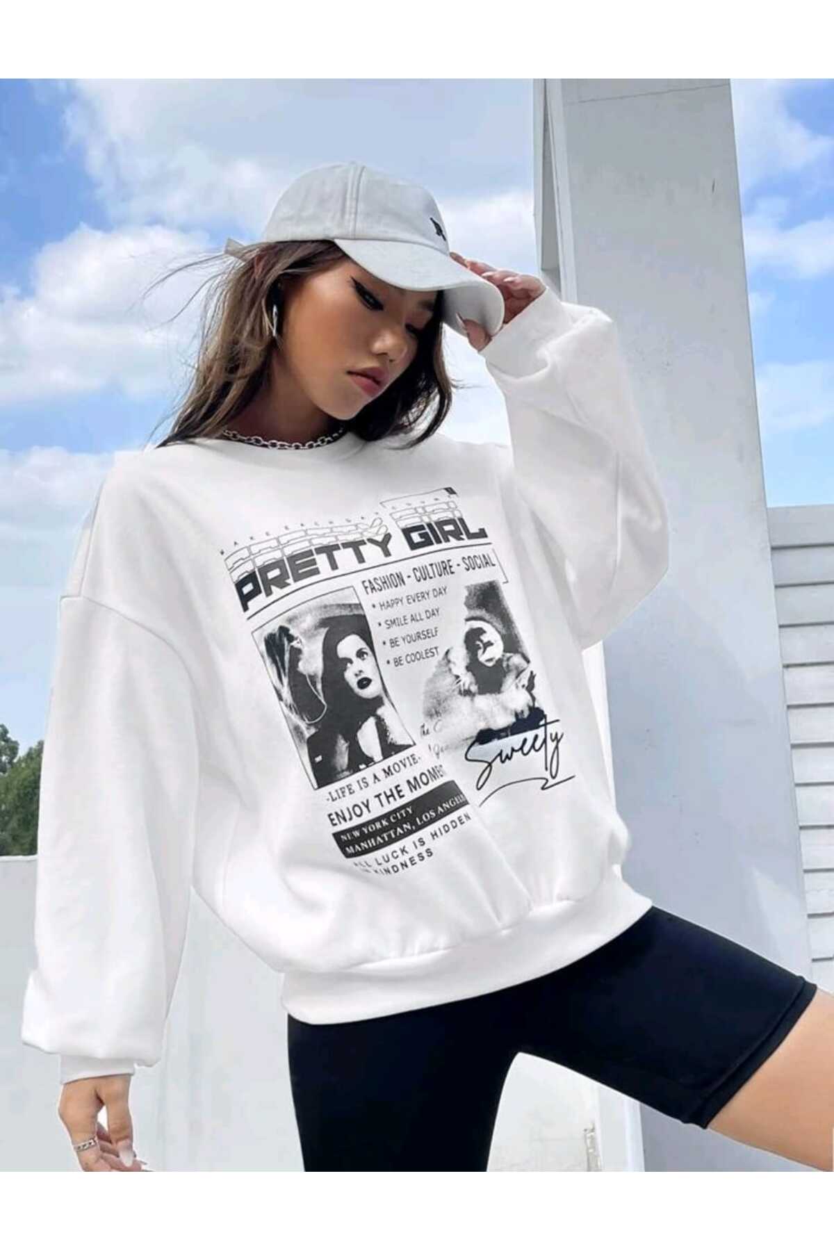 PRETTY GIRL Baskılı Süper Kalite Bisiklet Yaka Sweatshirt