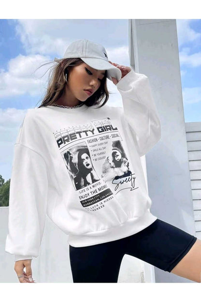 PRETTY GIRL Baskılı Süper Kalite Bisiklet Yaka Sweatshirt