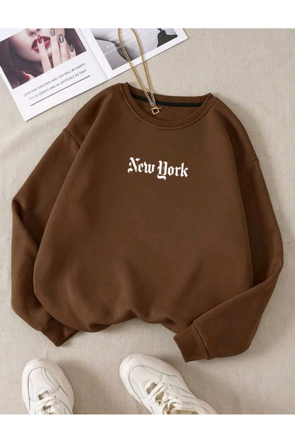 NEW YORK SLOGAN Baskılı Bisiklet Yaka OVERSIZE Sweatshirt