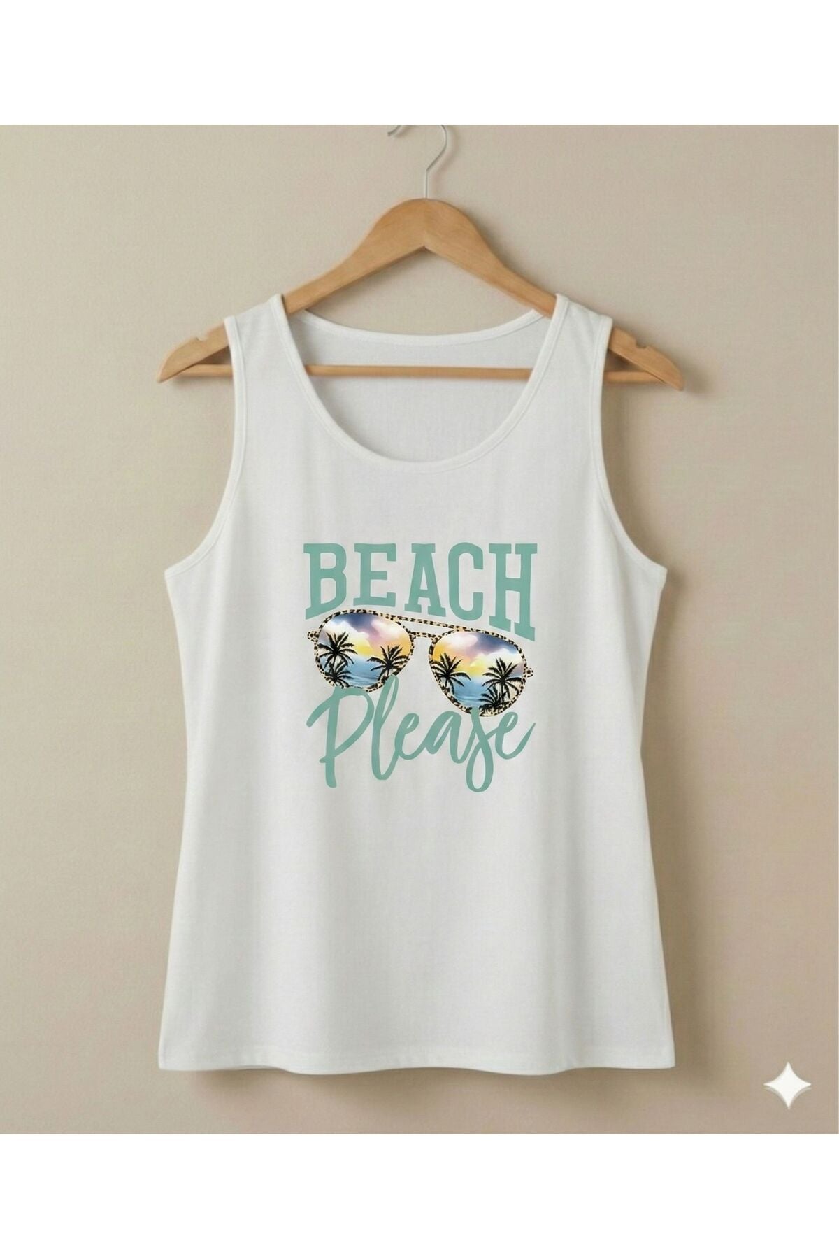 Beach Please Baskılı Kadın Beyaz Omuzu Açık Askılı Yazlık Pamuklu T-shirt