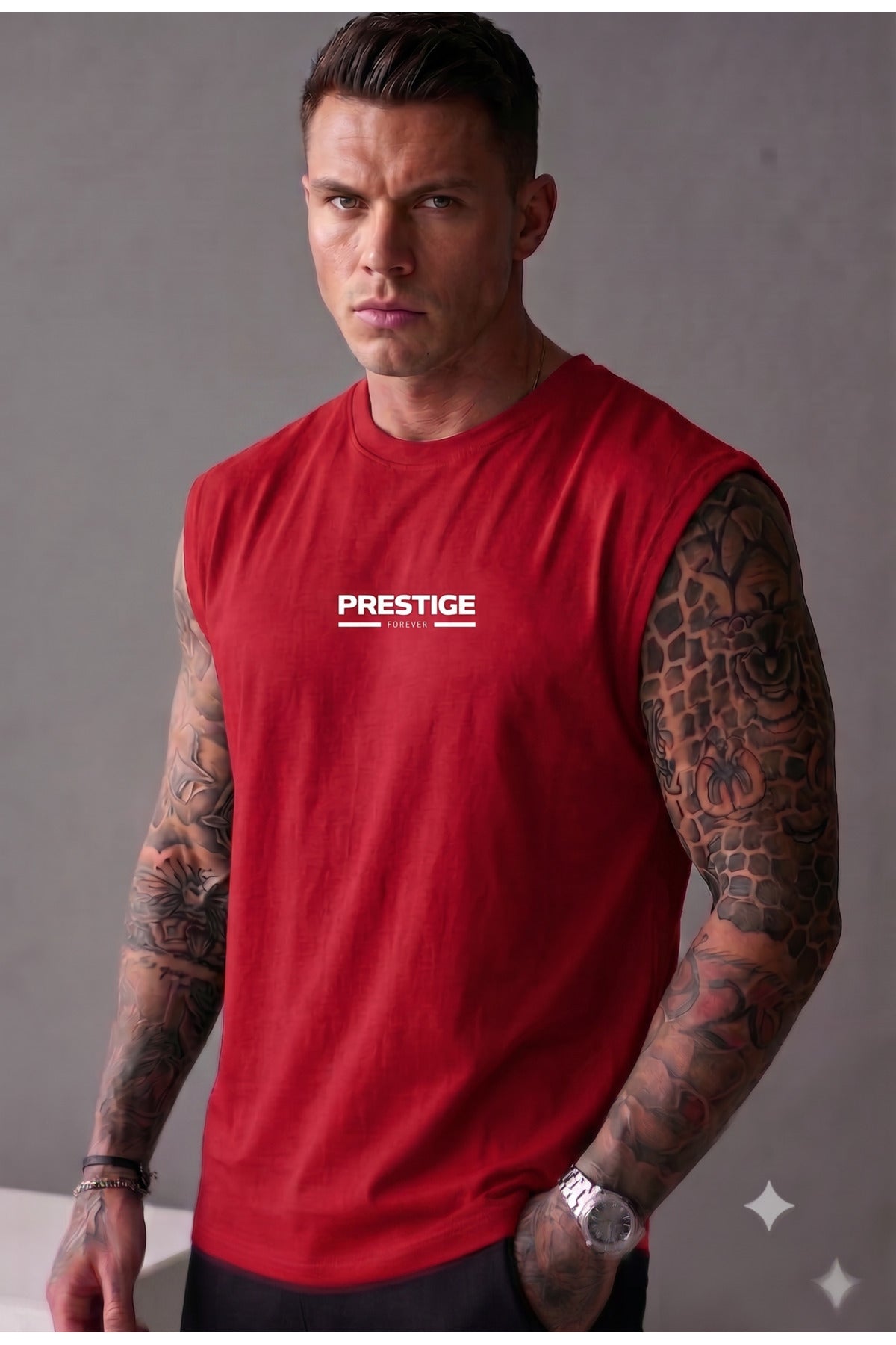 PRESTIGE Baskılı Erkek Sıfır Kol Sporcu Atlet T-shirt (Pamuk/Penye)