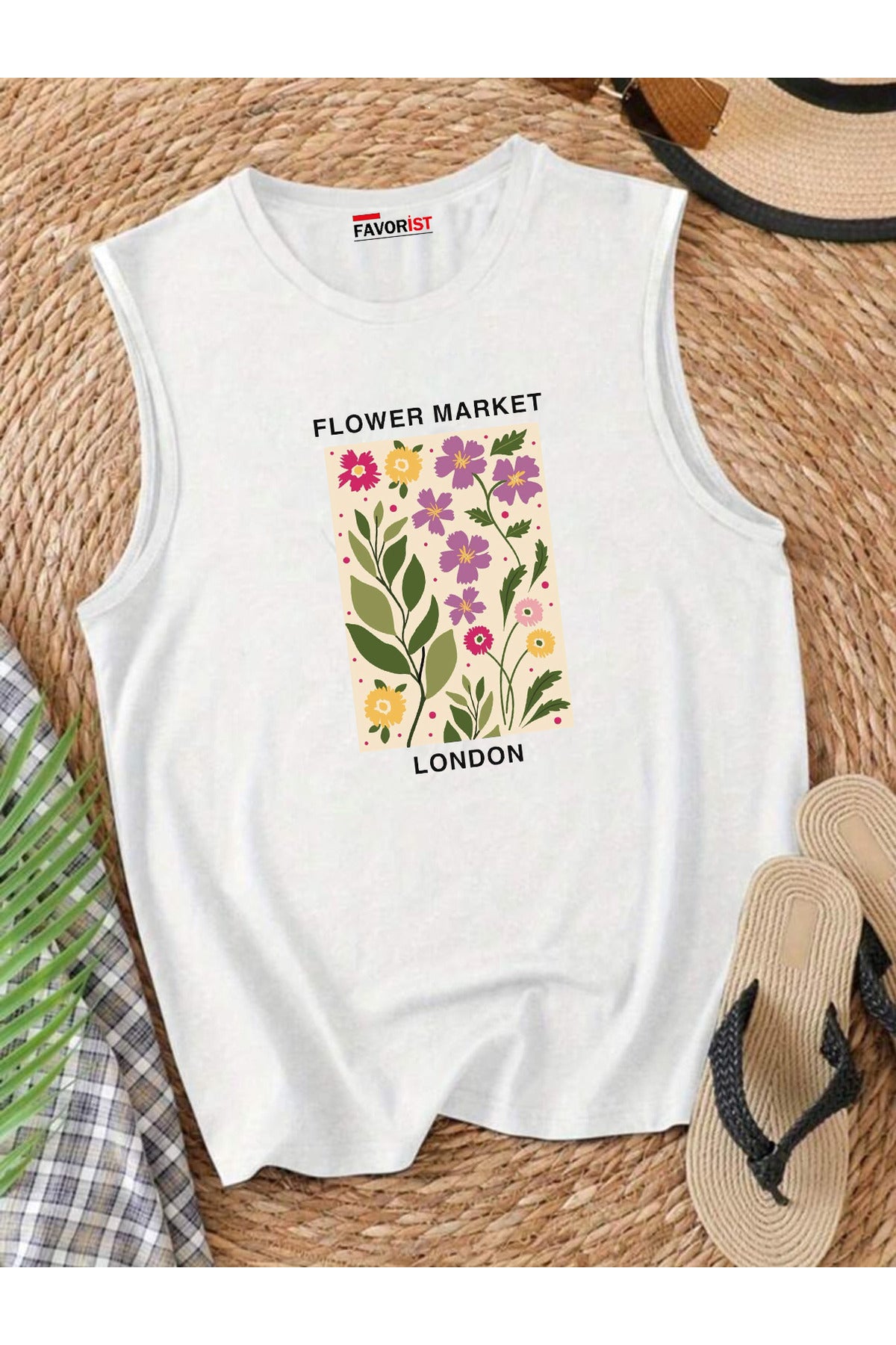 Şehrin Çiçekleri Omuzu Açık Kadın Pamuklu Kolsuz Yazlık T-shirt Atlet