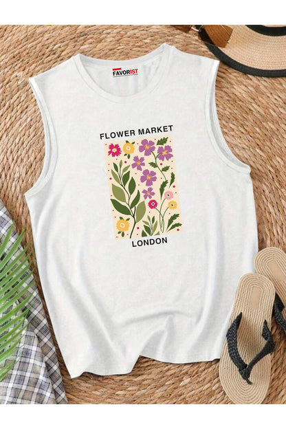 Şehrin Çiçekleri Omuzu Açık Kadın Pamuklu Kolsuz Yazlık T-shirt Atlet