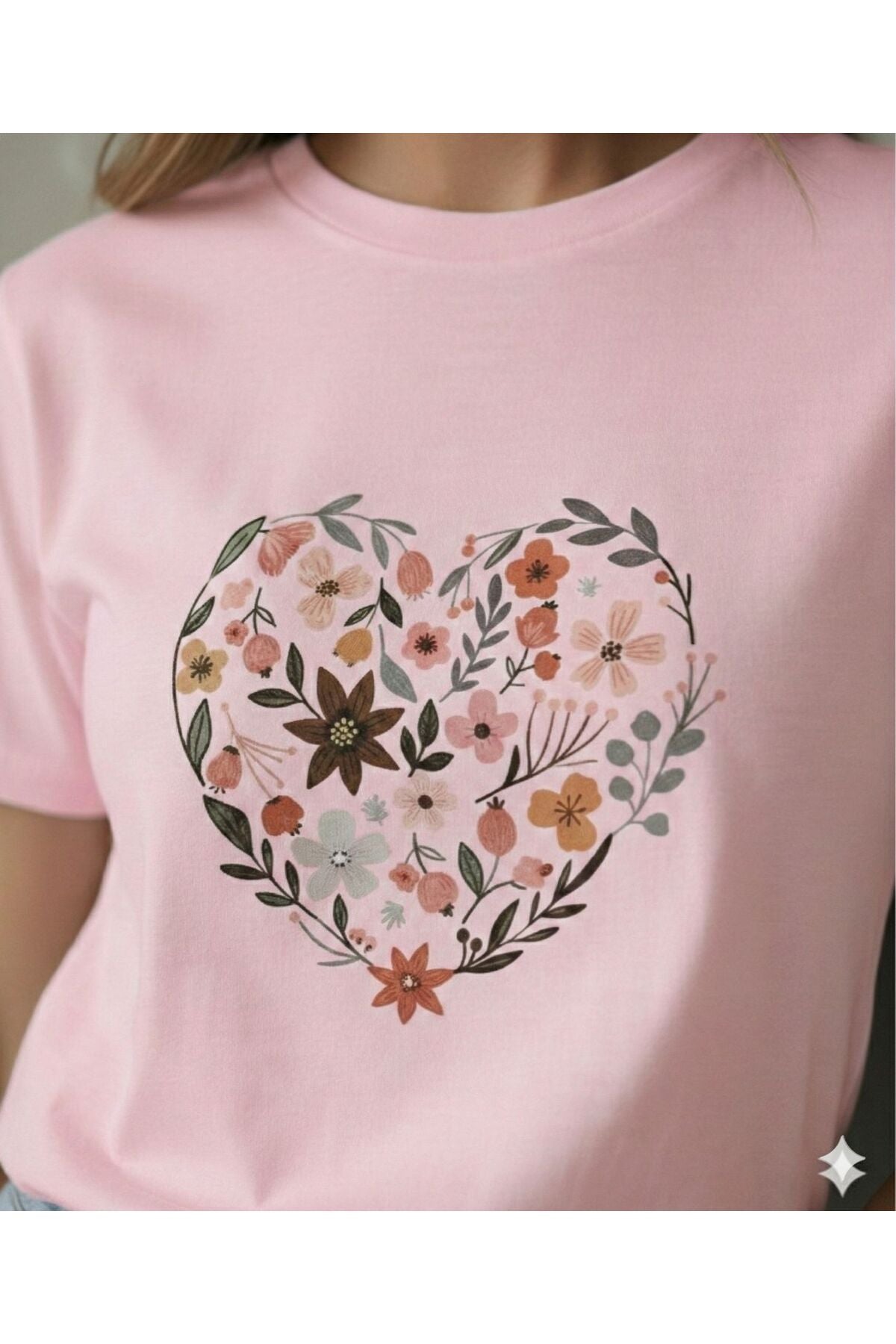 Kalp ve Laleler Baskılı Kadın Bisiklet Yaka Tshirt