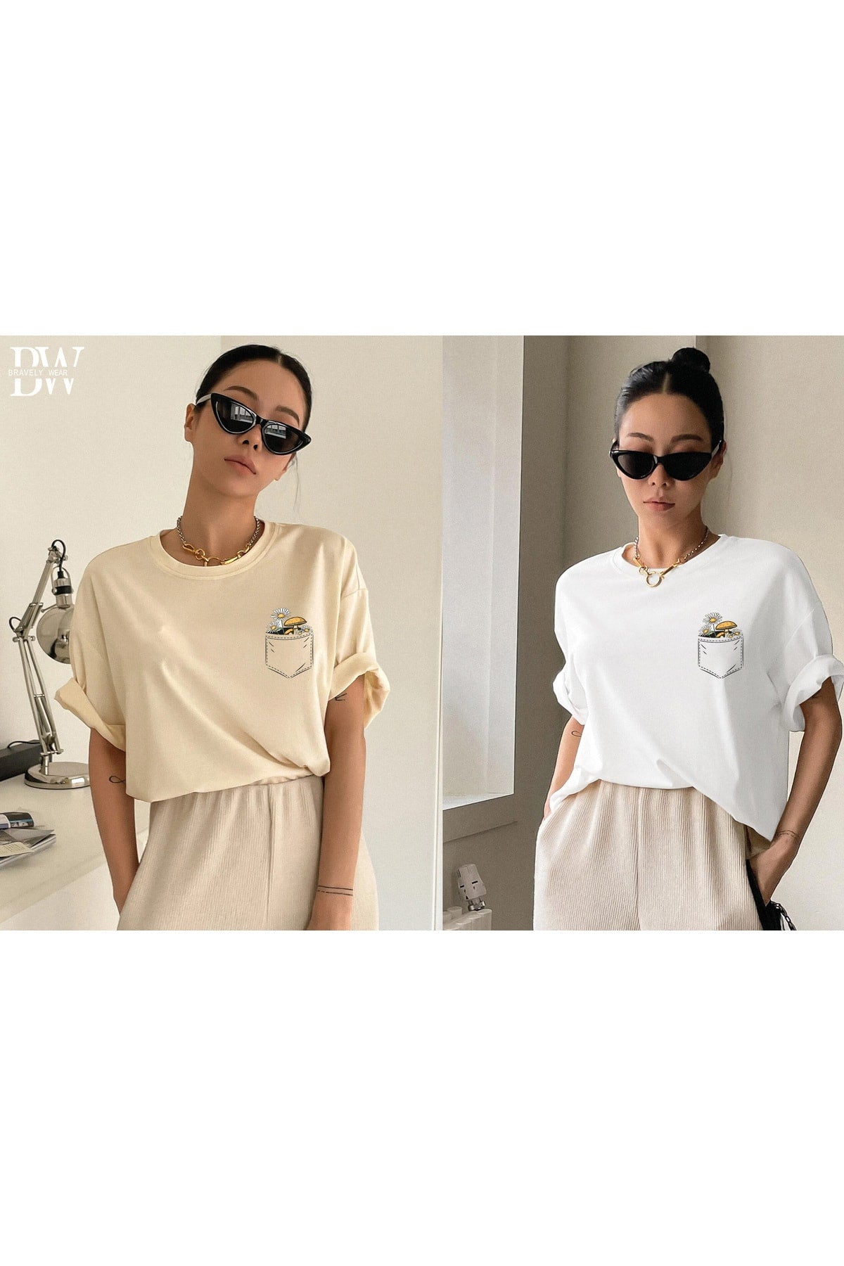 2si1 Arada Bej Ve Beyaz Çiçek Baskılı Oversize Kadın Tshirt
