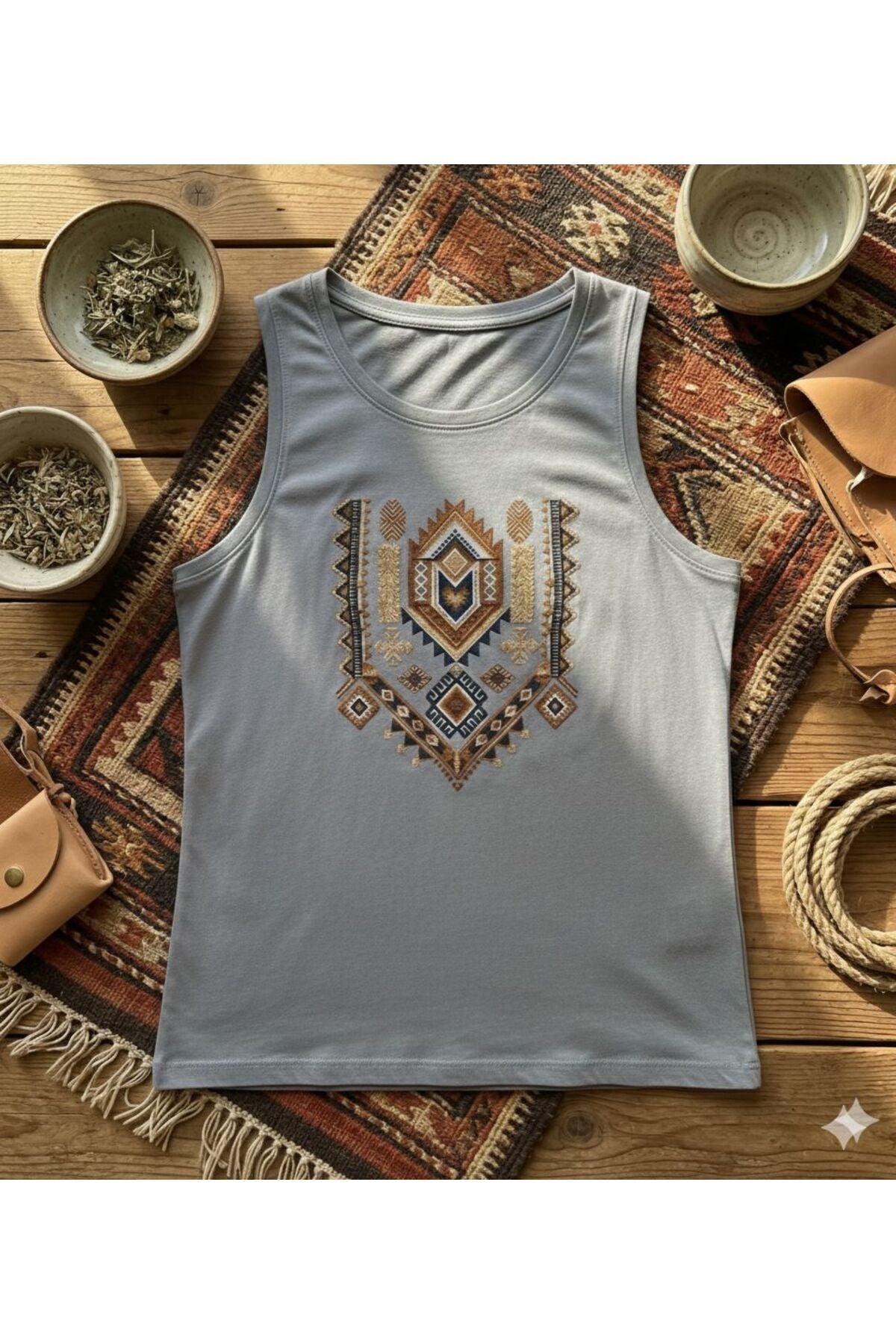 Etnik Desen Baskılı Kadın Omuzu Açık Kolsuz Askılı Tshirt