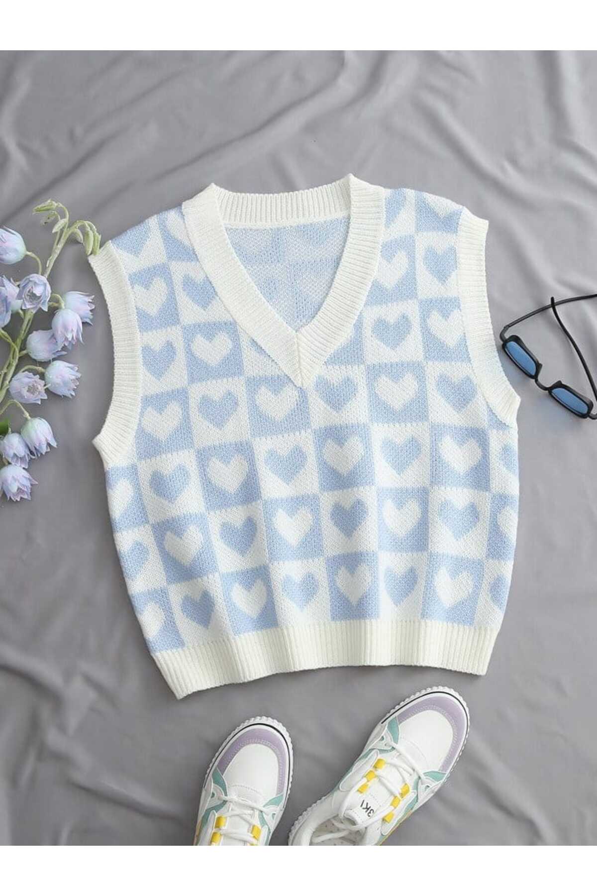 V-NECK COTTON SWEATER WITH HEARTS Süveter KALPLİ