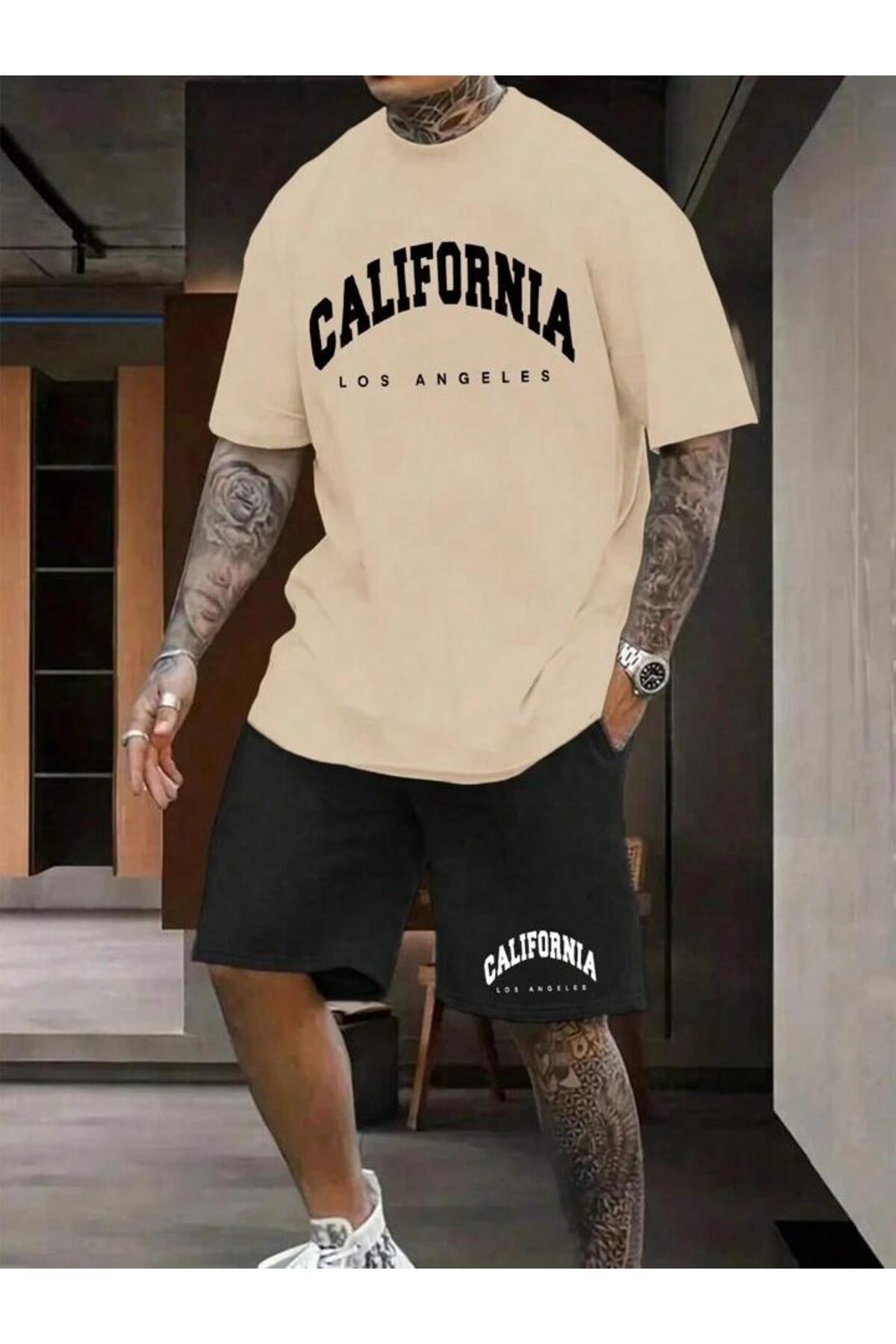 Erkek Siyah CALİFORNİA Baskılı Oversize T-shirt Şort TAKIMI