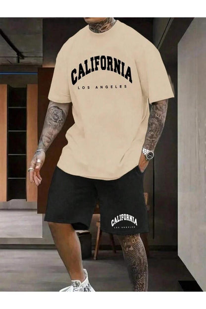 Erkek Siyah CALİFORNİA Baskılı Oversize T-shirt Şort TAKIMI