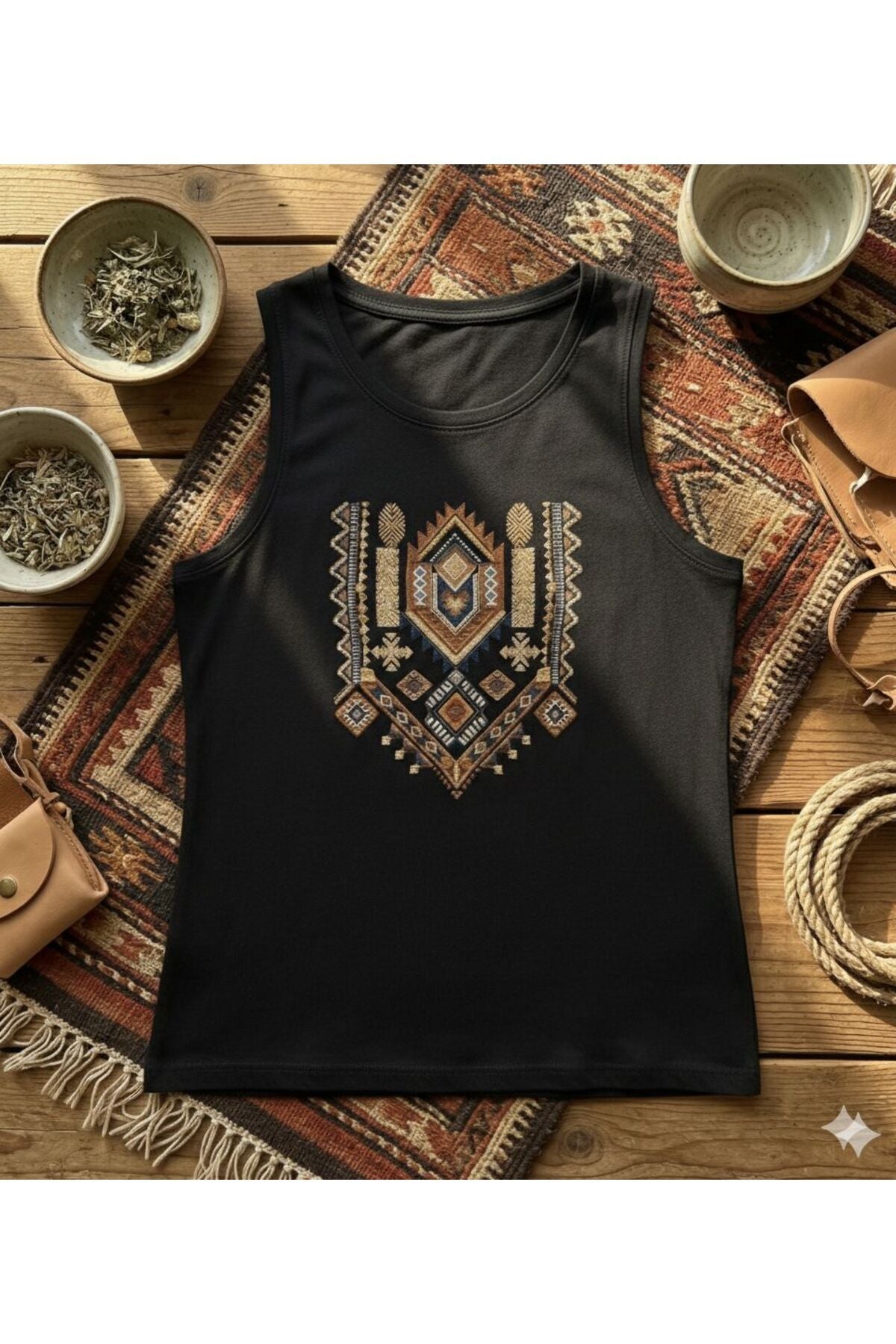 Etnik Desen Baskılı Kadın Omuzu Açık Kolsuz Askılı Tshirt