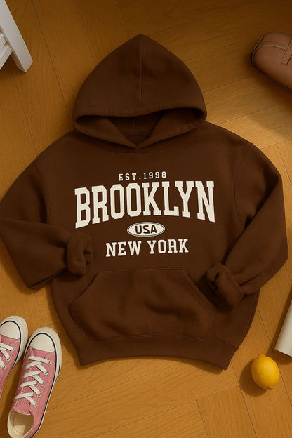 EST.1998 BROOKLYN Baskılı Oversize Kalıp KAPŞONLU Sweatshirt