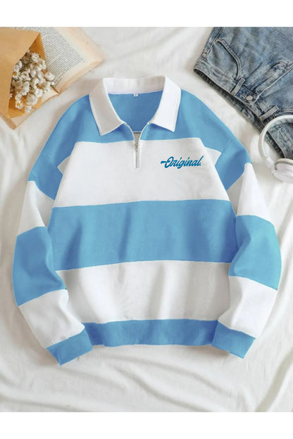 Original Unisex Kahverengi Çizgili Oversize Polo Yaka Yarım Fermuarlı Sweatshirt