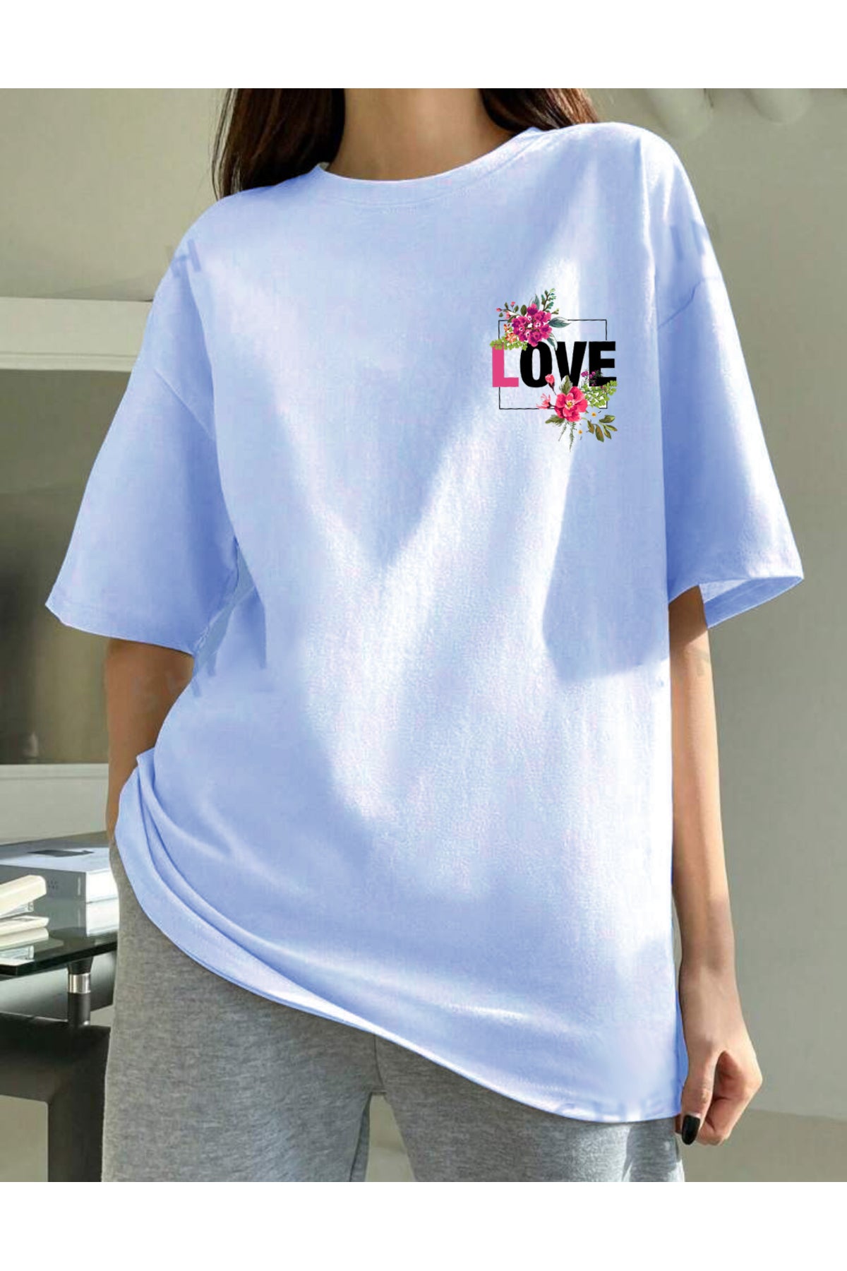 LOVE Baskılı Pamuklu Bisiklet Yaka Oversize Tshirt
