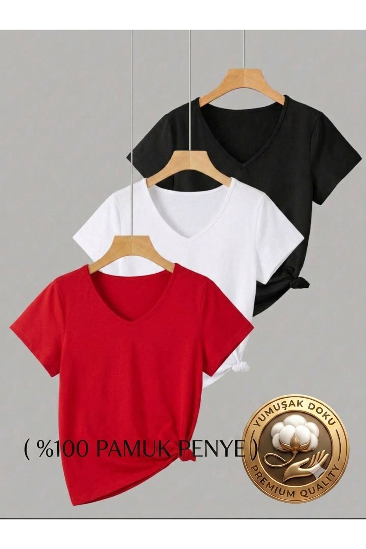 3 ADET V YAKA REGULAR KALIP KADIN TSHİRT ( %100 PAMUK )