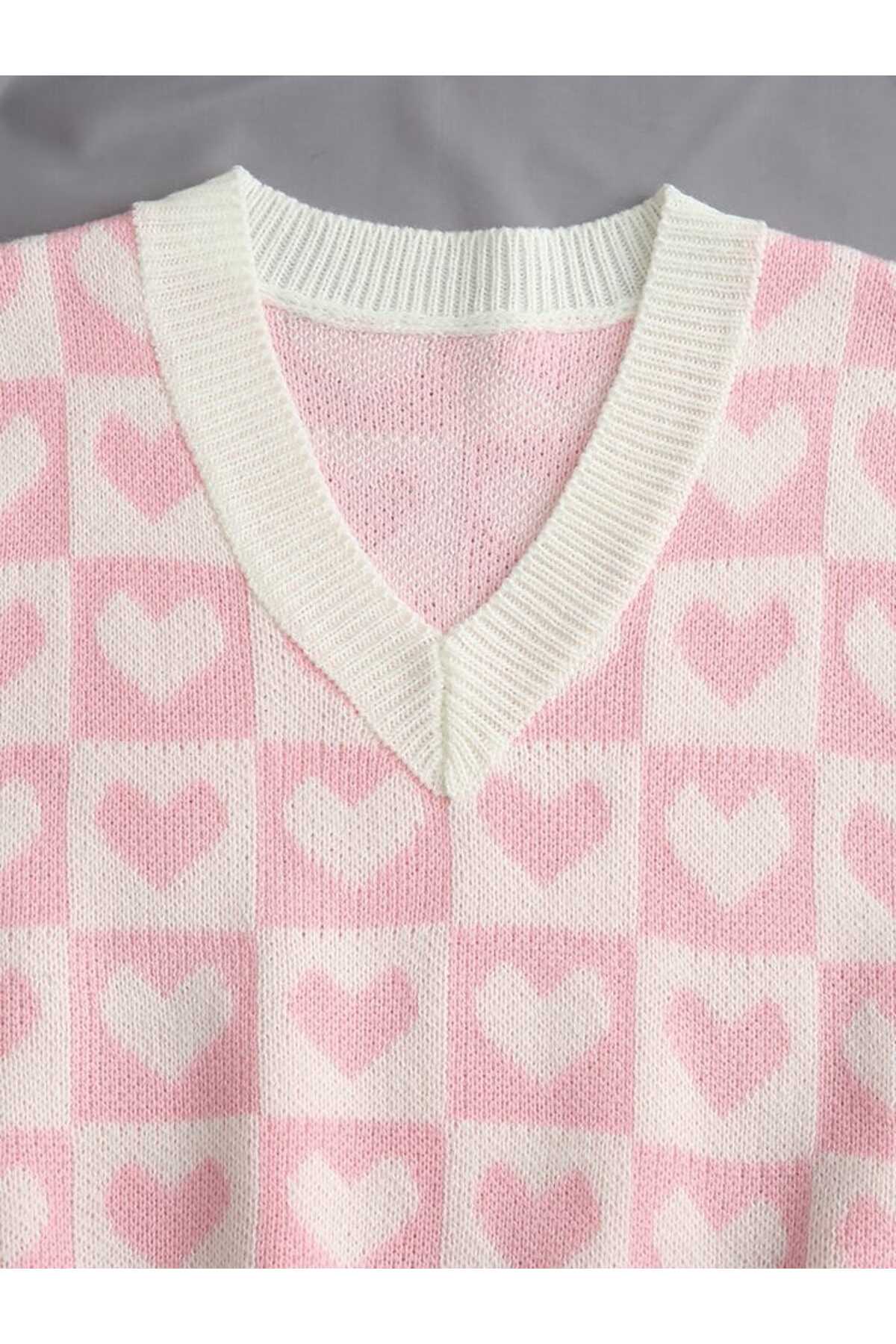 V-NECK COTTON SWEATER WITH HEARTS Süveter KALPLİ