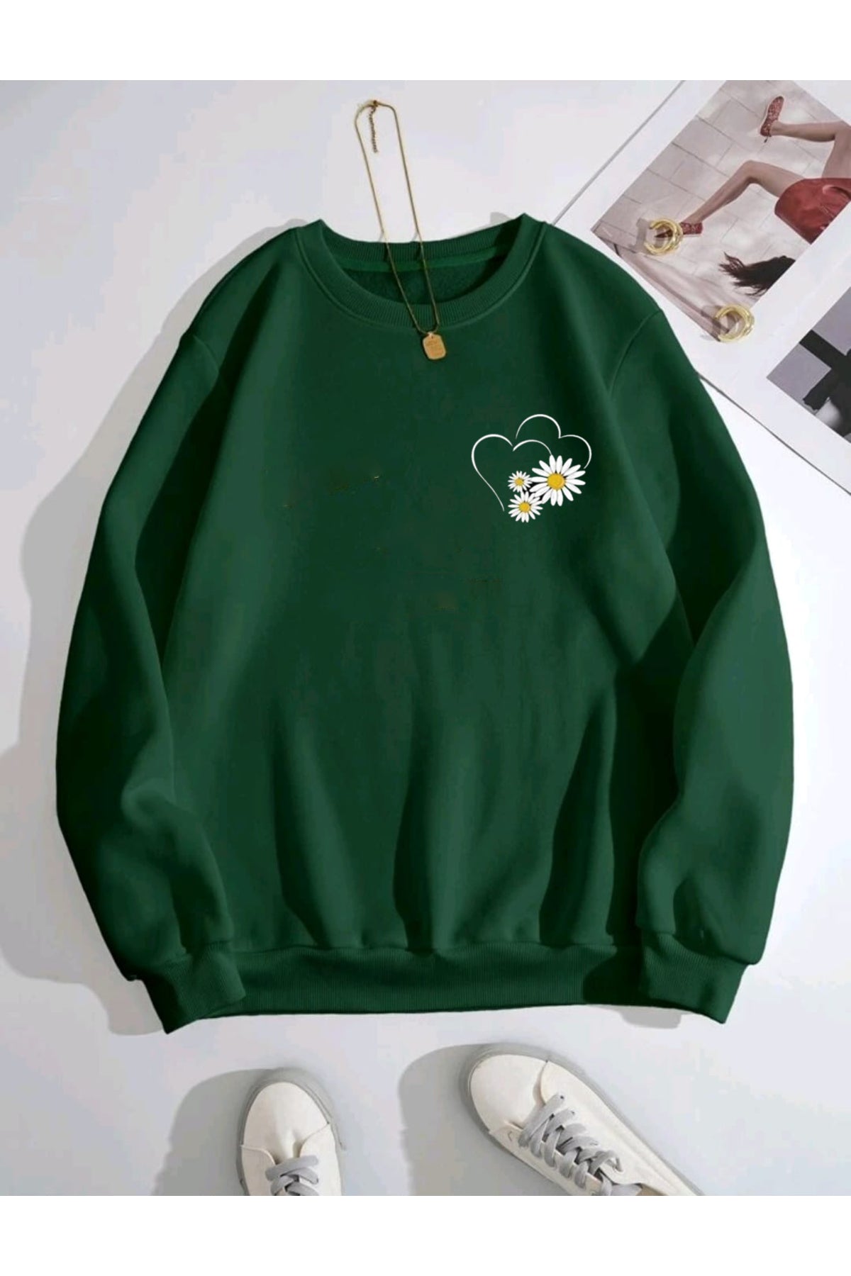 Çizgi Kalp ve Papatya Baskılı Oversize Kalıp Bisiklet Yaka Sweatshirt