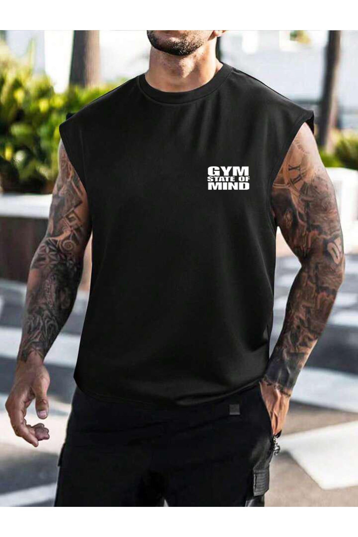 Sıfır Kol GYM Baskılı Pamuklu Spor Tshirt