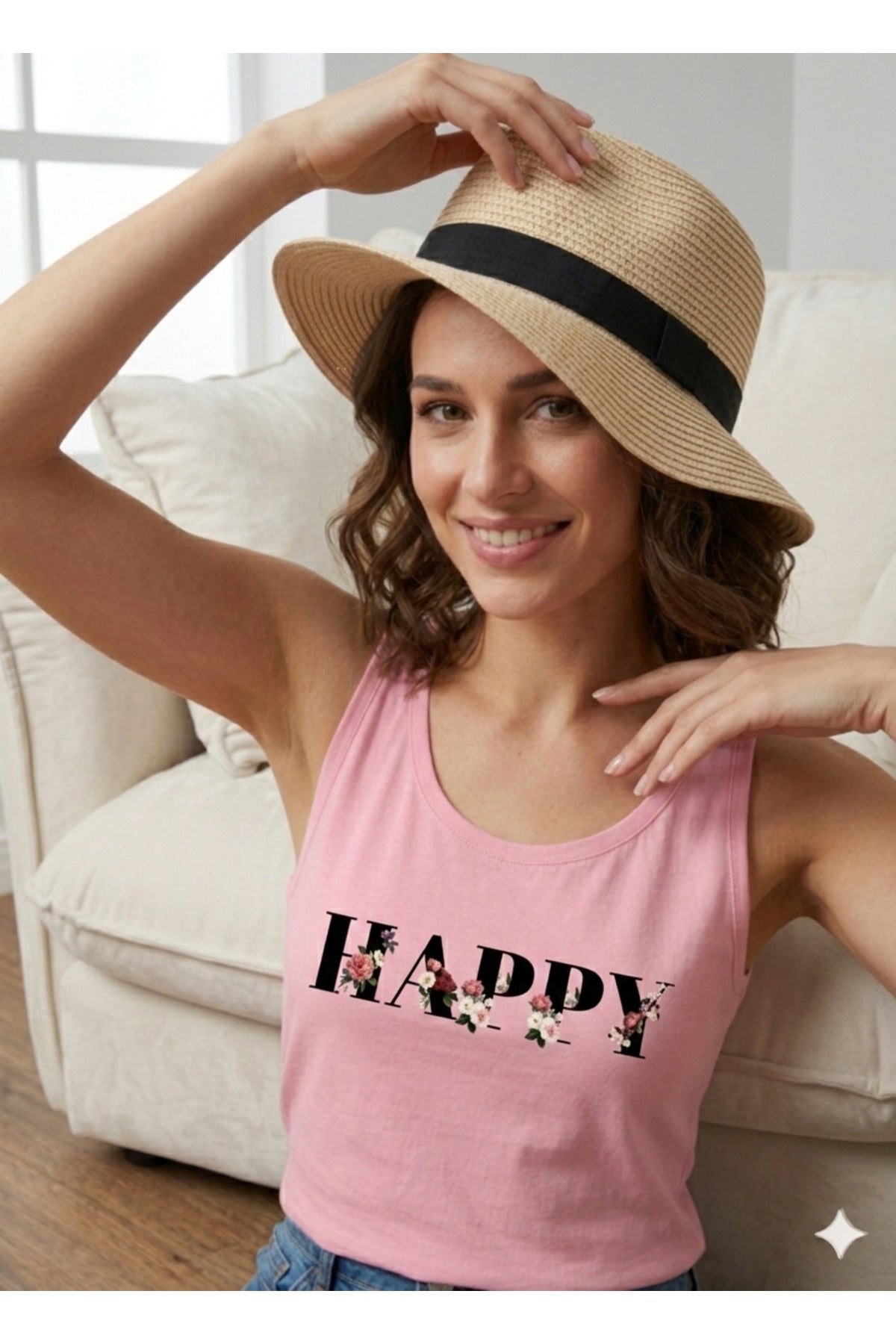HAPPY Baskılı Omuzu Açık Kadın Atlet T-Shirt