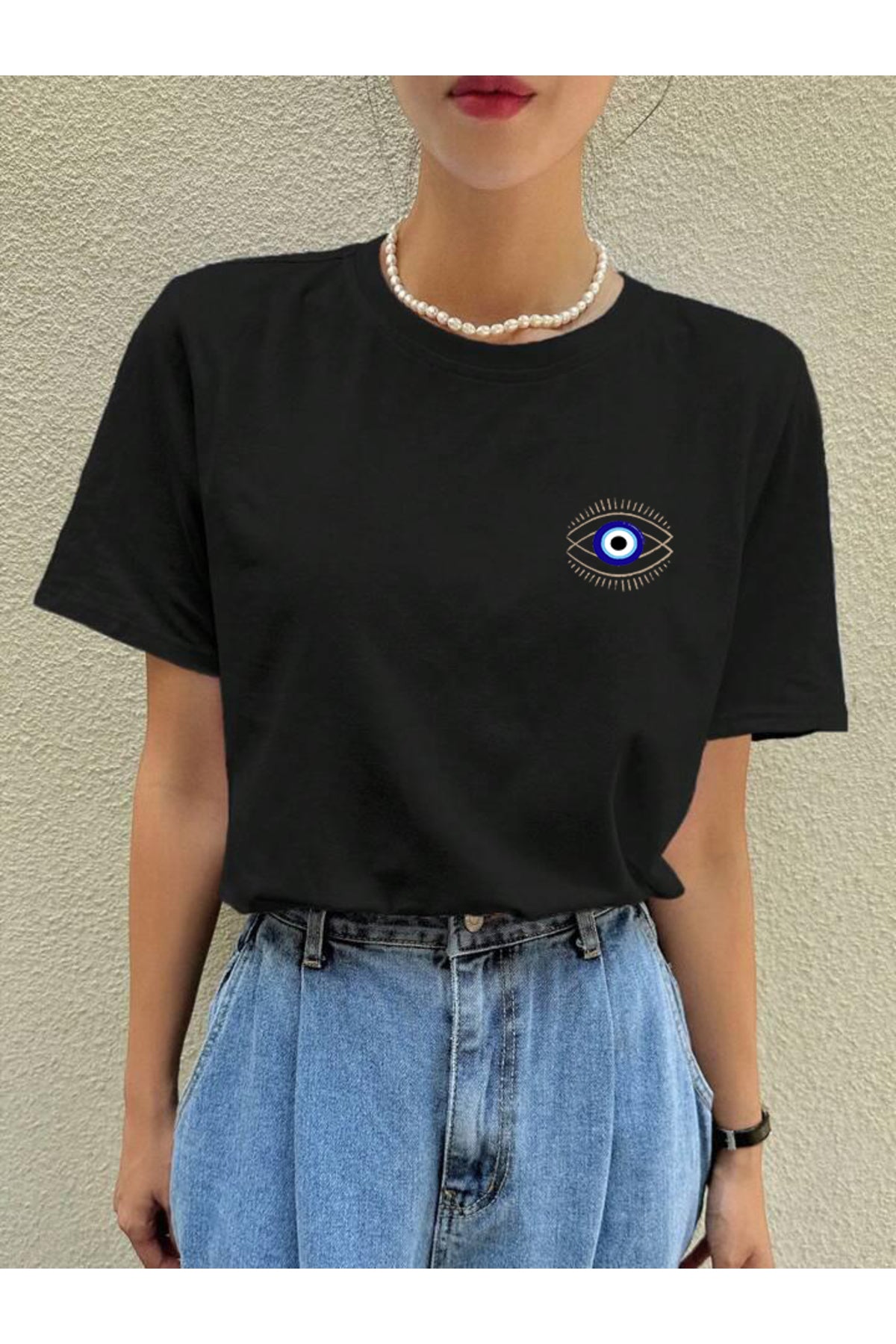 NAZAR BONCUĞU ve GÖZ Baskılı Pamuklu Kısa Kol (Oversize) Tshirt
