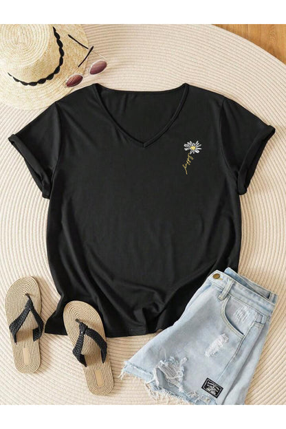 Kadın V Yaka Papatya Baskılı Regular Fit Kalıp Tshirt