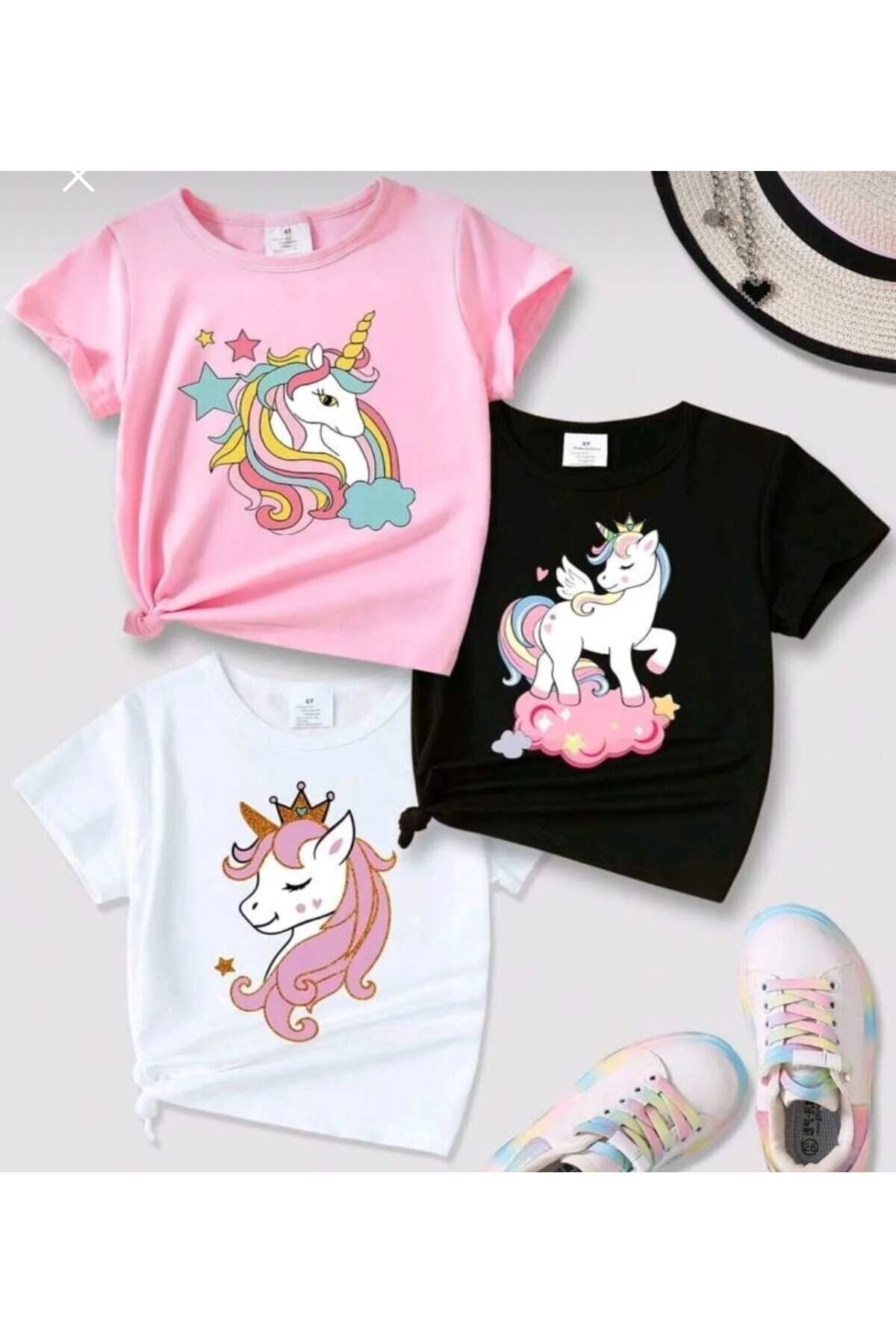 3'lü Paket Unicornlar Baskılı Çocuk Pamuklu Tshirt