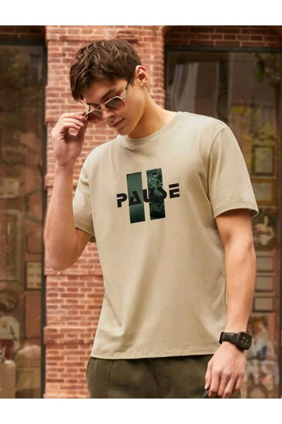 Pause Baskılı Erkek Bisiklet Yaka Pamuklu Tshirt