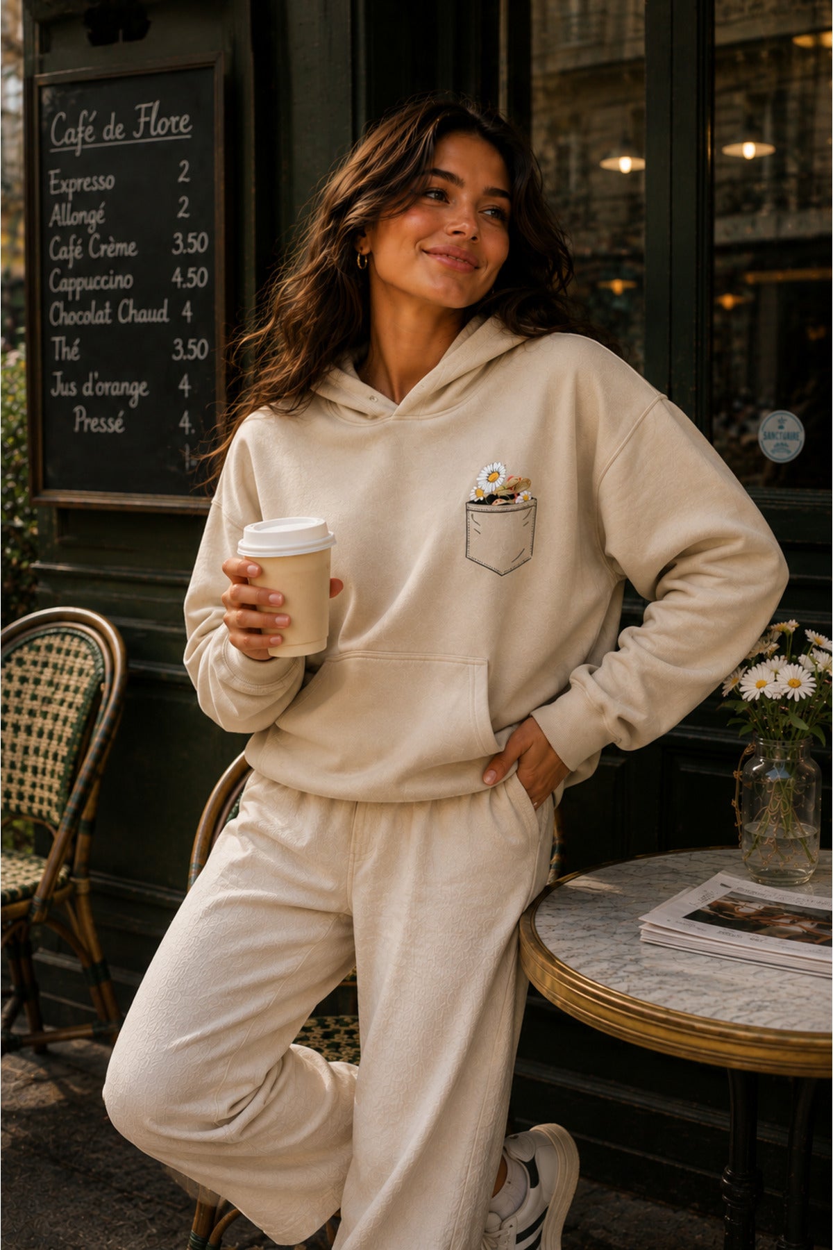 Kadın Cep Çiçek Baskılı KAPÜŞONLU Oversize Sweatshirt (3 İPLİK)