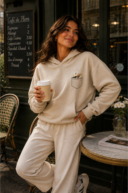 Kadın Cep Çiçek Baskılı KAPÜŞONLU Oversize Sweatshirt (3 İPLİK)