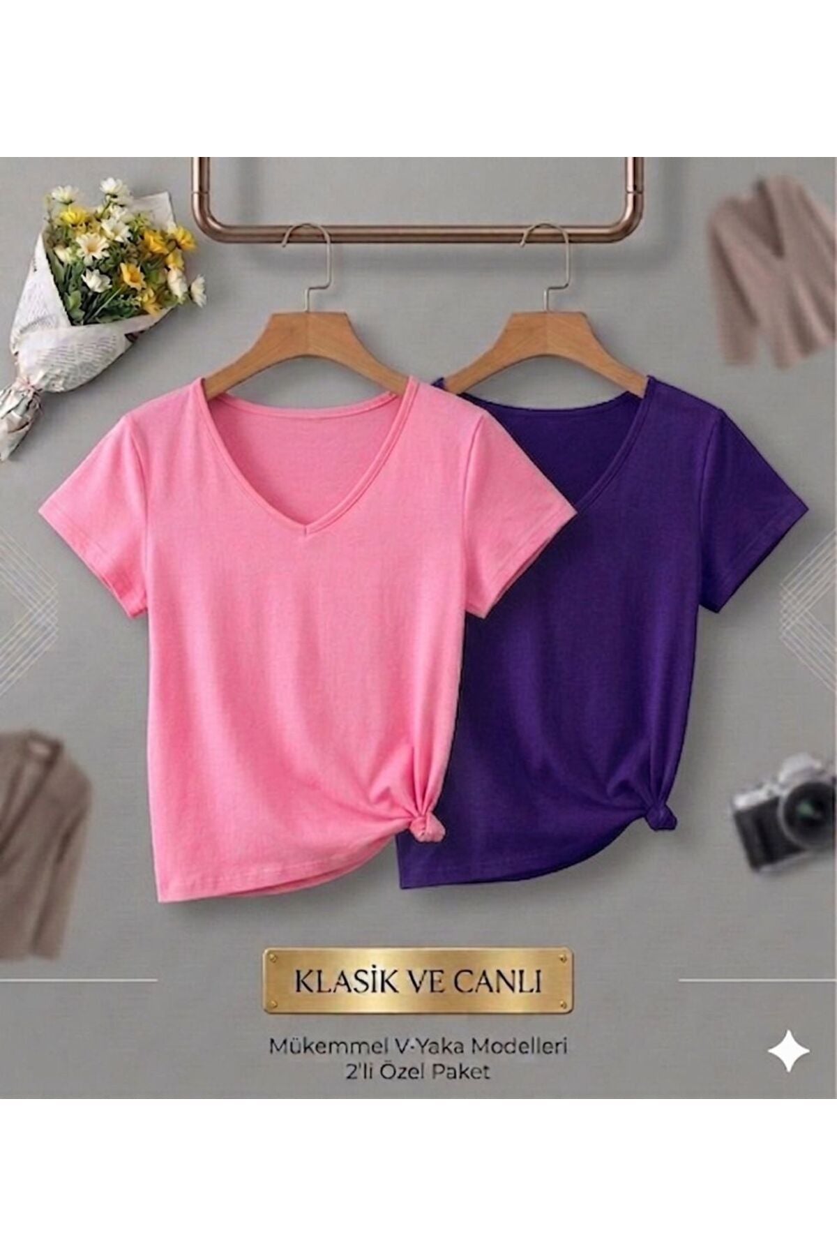 2 Adet Düz Regular Kalıp Kadın (V YAKA) T-Shirt