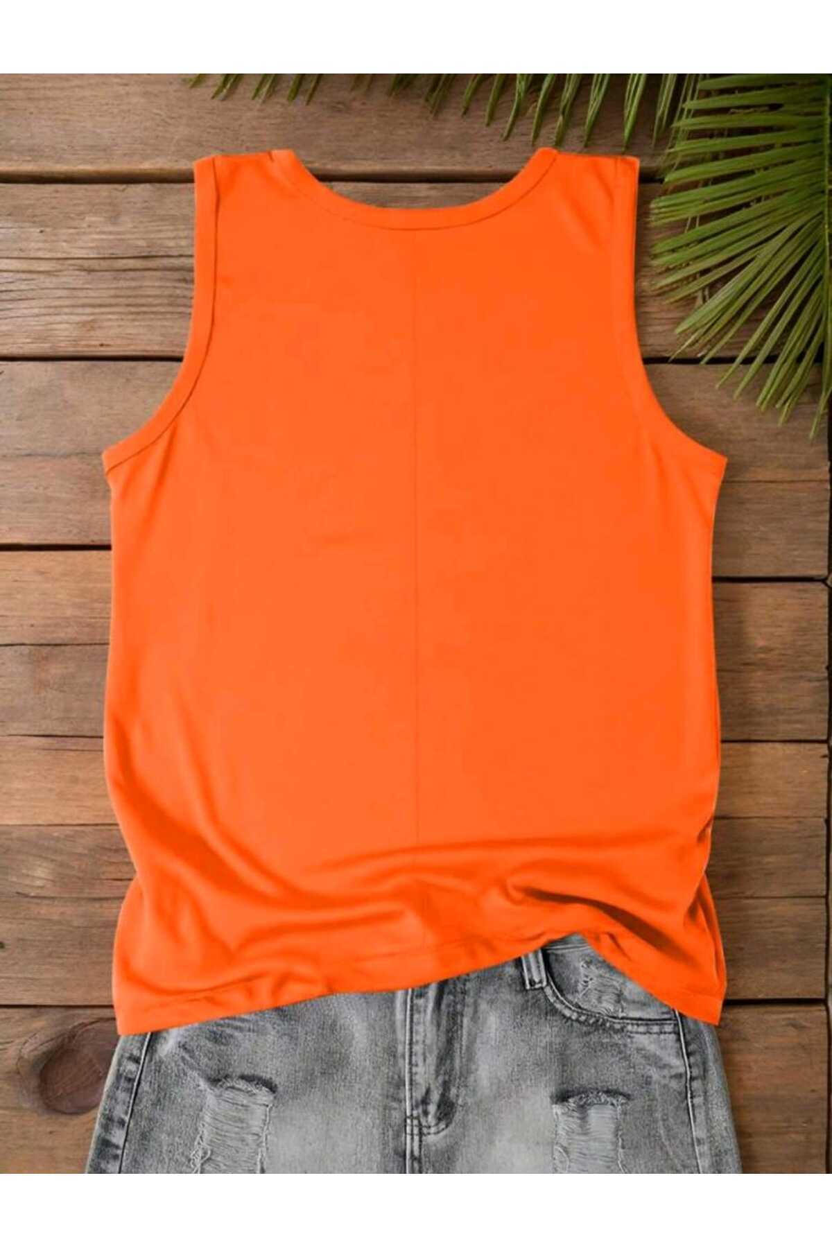 Sea You Noon Baskılı Omuzu Açık Kadın Pamuklu Kolsuz Yazlık T-shirt Atlet