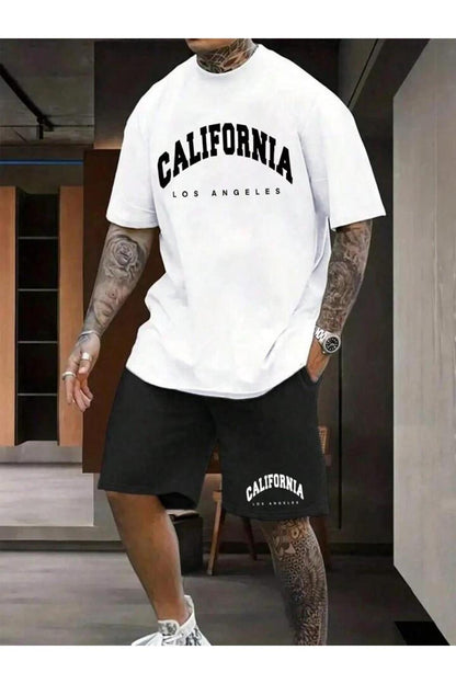 Erkek Siyah CALİFORNİA Baskılı Oversize T-shirt Şort TAKIMI