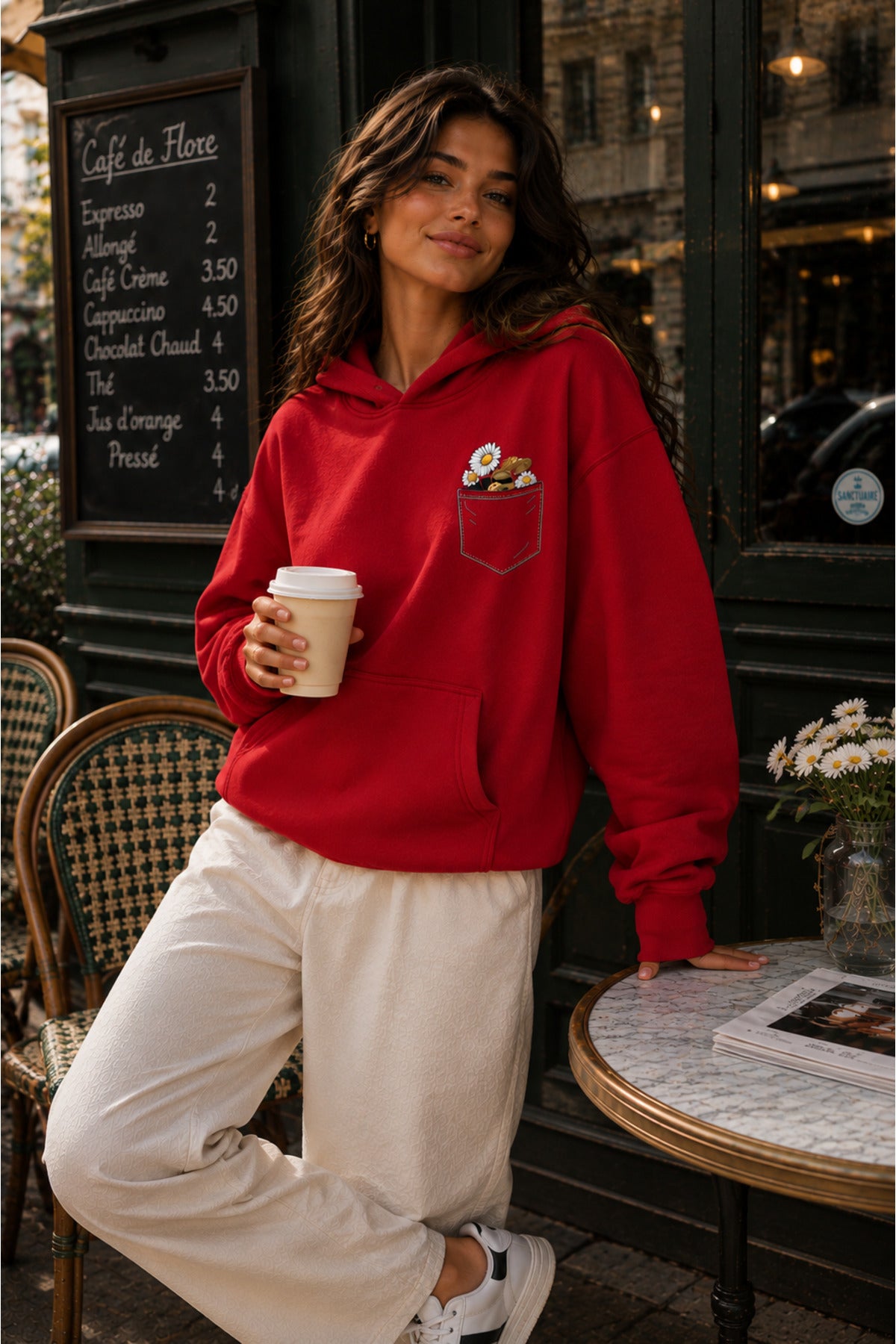 Kadın Cep Çiçek Baskılı KAPÜŞONLU Oversize Sweatshirt (3 İPLİK)