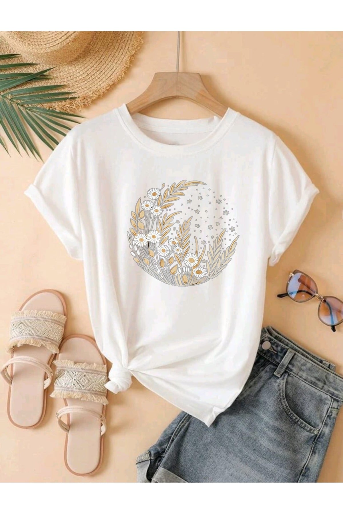 Ay Yıldız Papatya Baskılı UNISEX YAZLIK Pamuklu Kısa Kol Tshirt