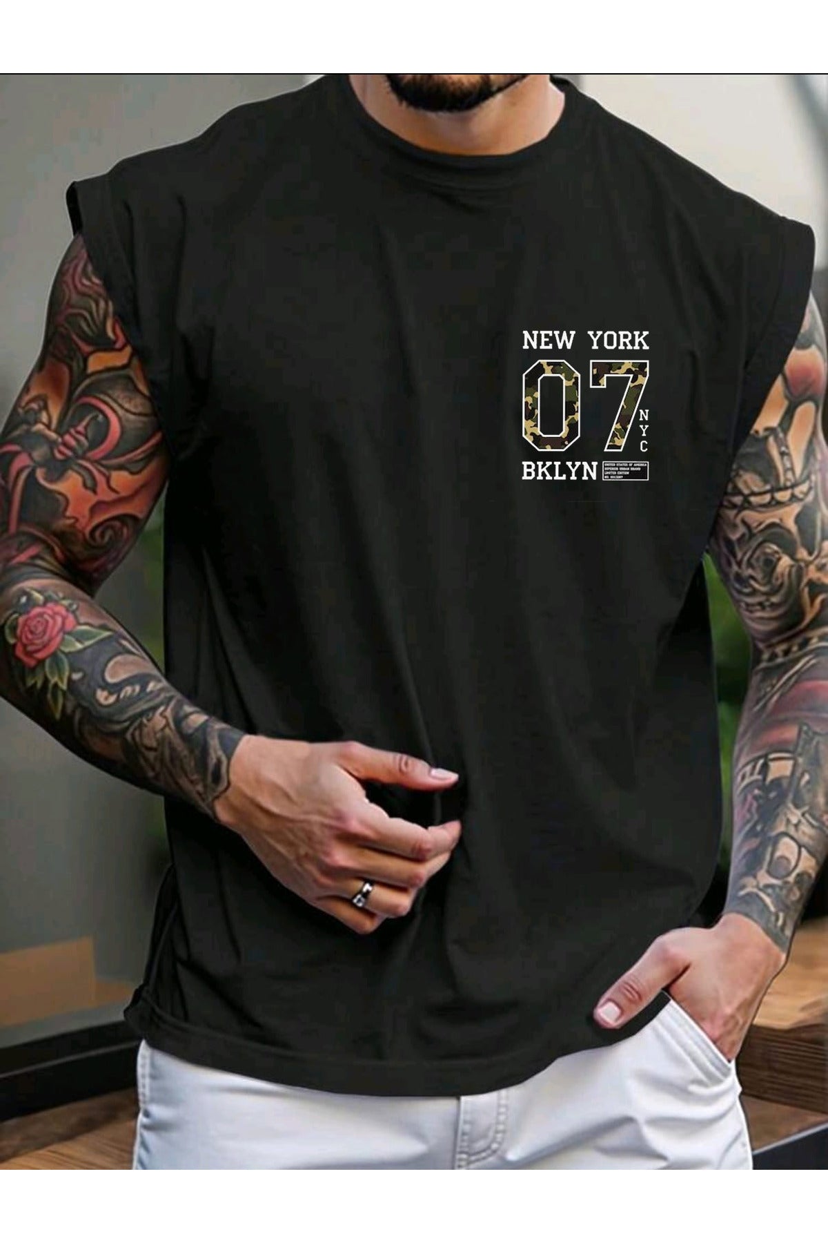 07 NEW YORK Baskılı Kolsuz tshirt Erkek Sıfır Kol Giyim Spor Giyim Oversize T-SHİRT