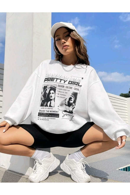 PRETTY GIRL Baskılı Süper Kalite Bisiklet Yaka Sweatshirt