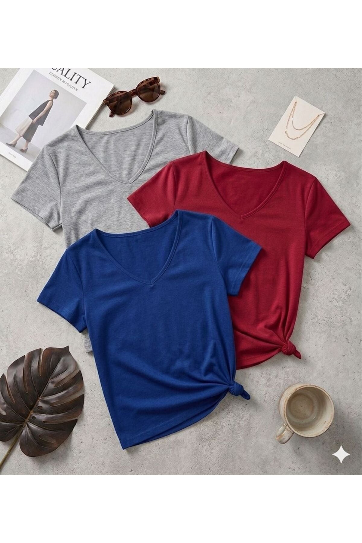3 Adet Düz Regular Kalıp (V Yaka) Kadın T-Shirt