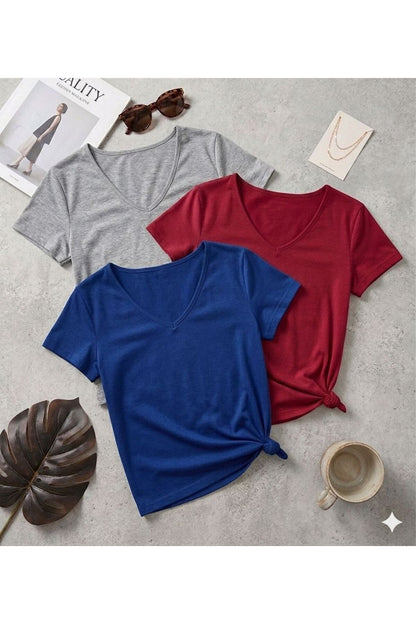 3 Adet Düz Regular Kalıp (V Yaka) Kadın T-Shirt
