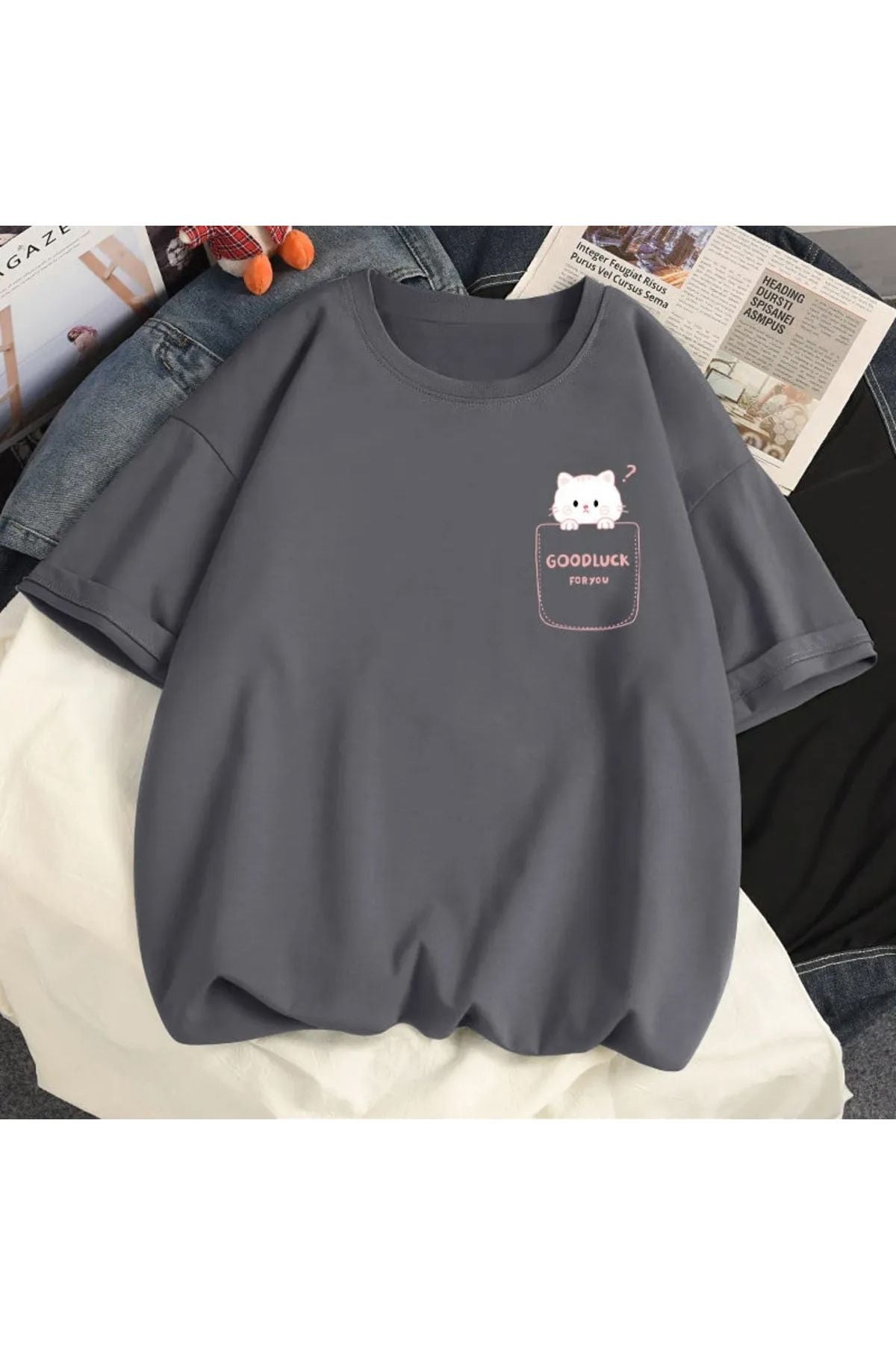 Good Luck Kedicik Baskılı Oversize T-shirt