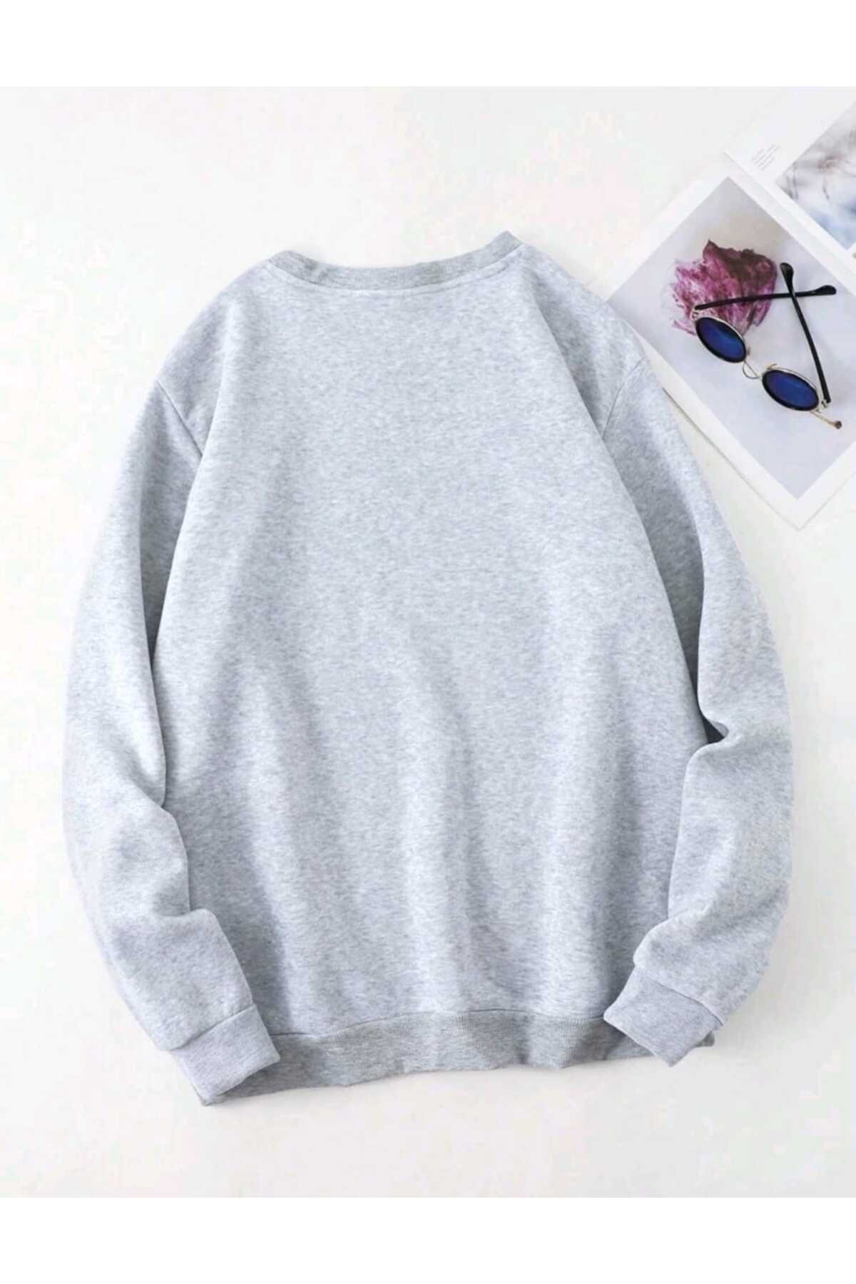 Sevimli Ayı Baskılı Bisiklet Yaka Oversize Pamuklu Sweatshirt ( GENİŞ KALIP )