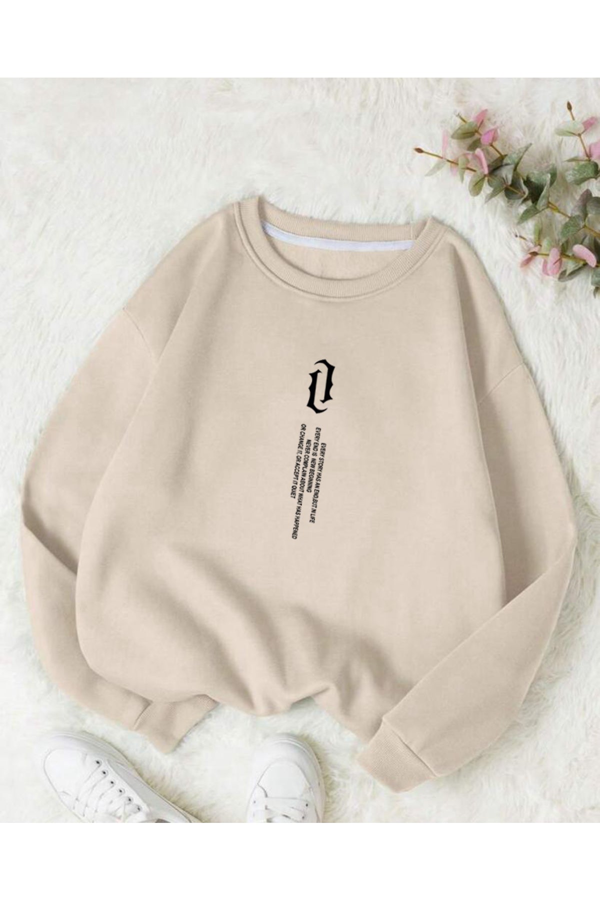UNISEX Dikey Yazı Baskılı Bisiklet Yaka OVERSIZE Sweatshirt