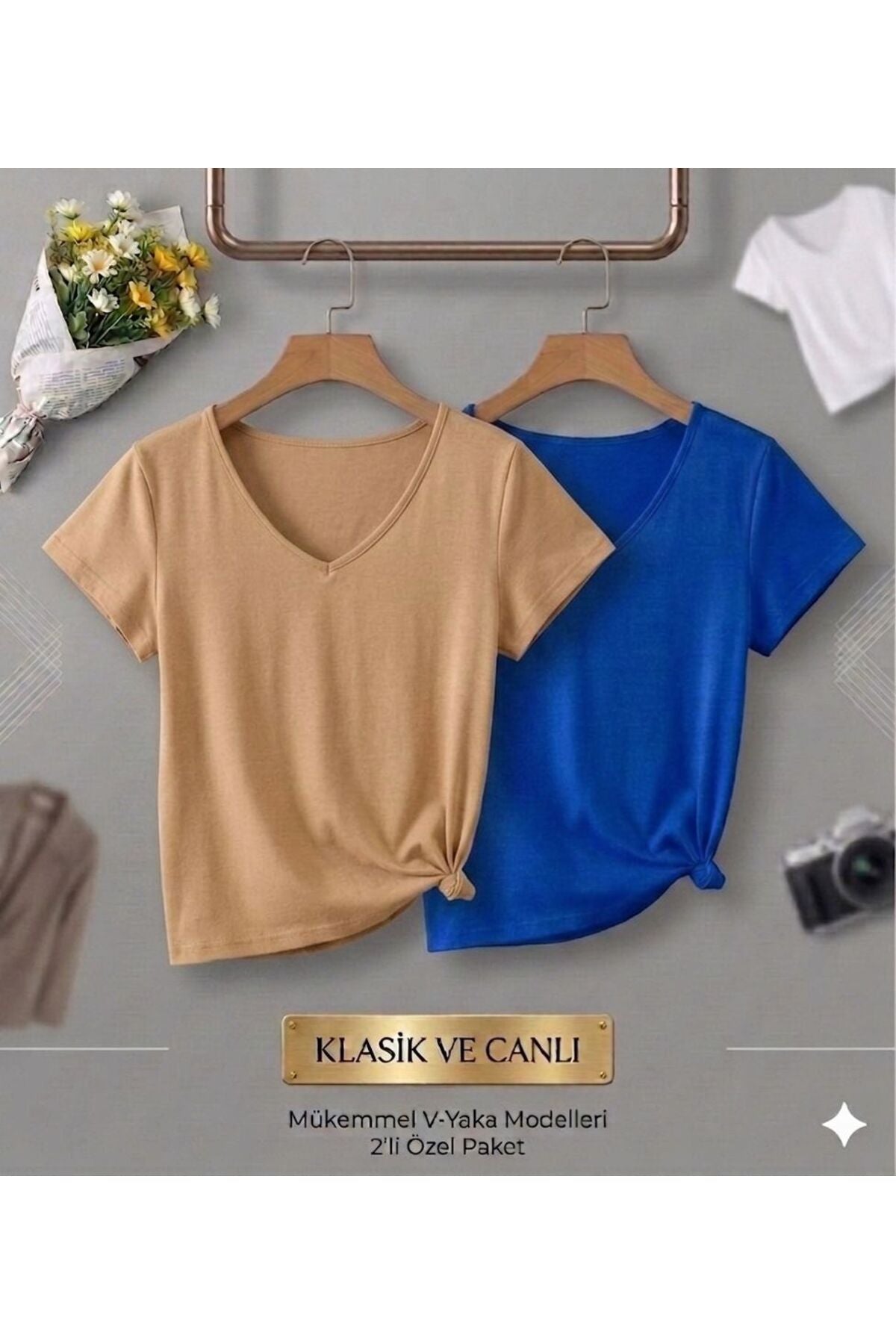 2 Adet Düz Regular Kalıp Kadın (V YAKA) T-Shirt