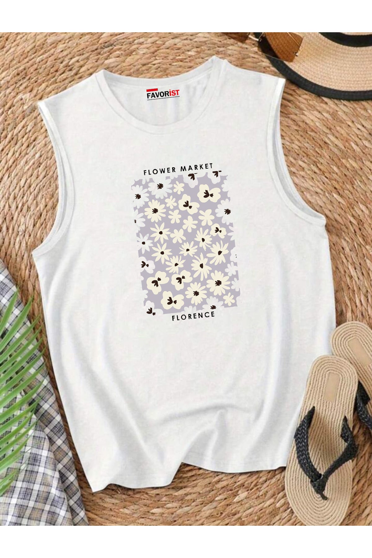 Şehrin Çiçekleri Omuzu Açık Kadın Pamuklu Kolsuz Yazlık T-shirt Atlet