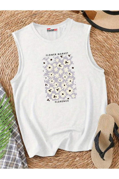 Şehrin Çiçekleri Omuzu Açık Kadın Pamuklu Kolsuz Yazlık T-shirt Atlet