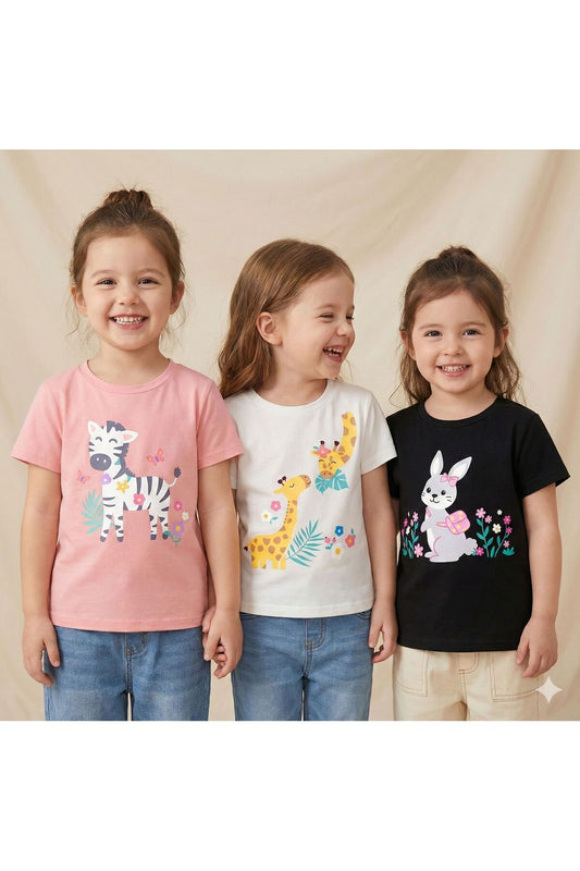 3'lü Paket Zebra Tavşan Zürafa Baskılı Çocuk Pamuklu Tshirt