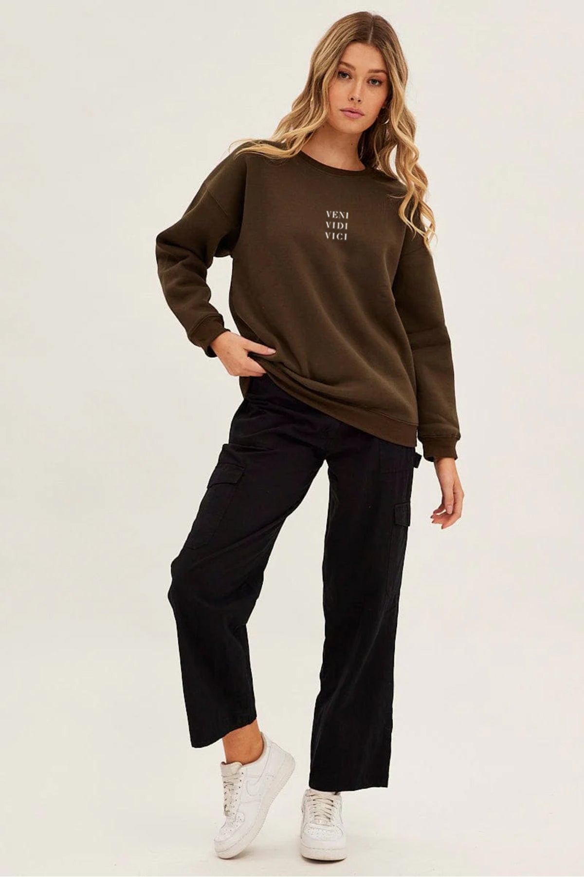 VENI VIDI VICI Baskılı Regular Kalıp Kadın Bisiklet Yaka Sweatshirt