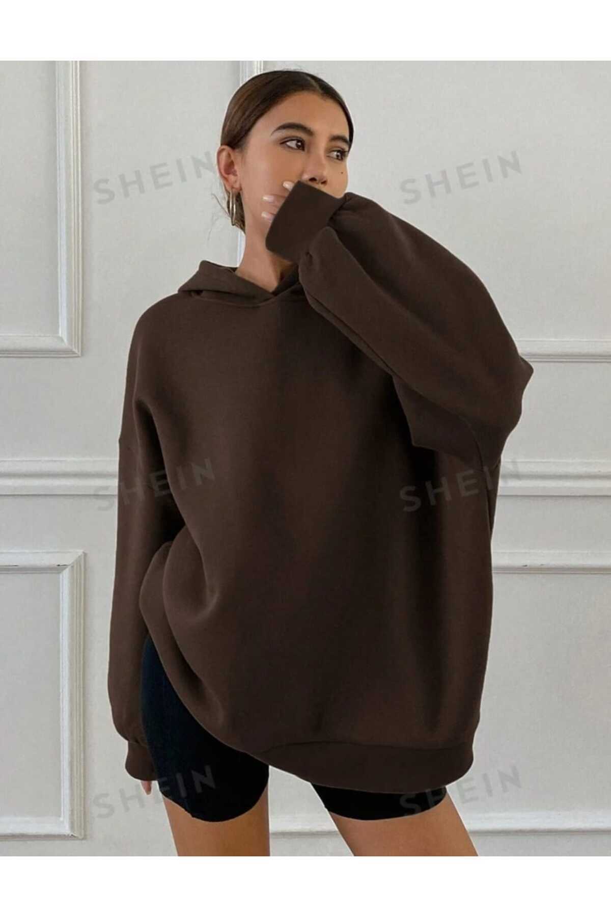 Kapüşonlu Düz Baskısız Giy Çık Oversize Kalıp Sweatshirt