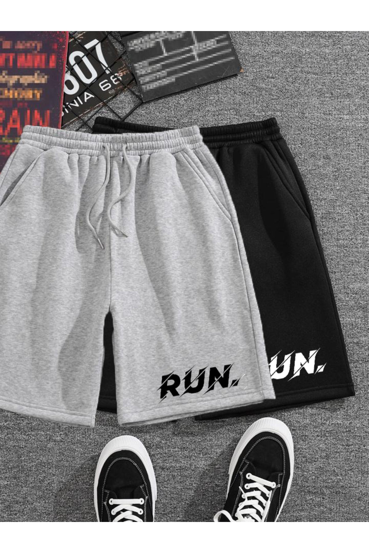İKİLİ TAKIM Run Baskılı Gri ve Siyah Şort