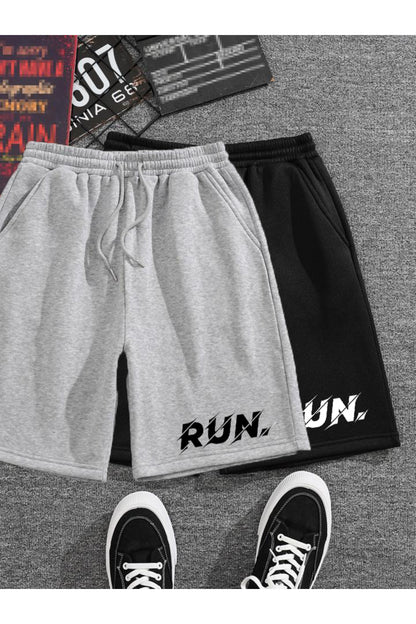 İKİLİ TAKIM Run Baskılı Gri ve Siyah Şort