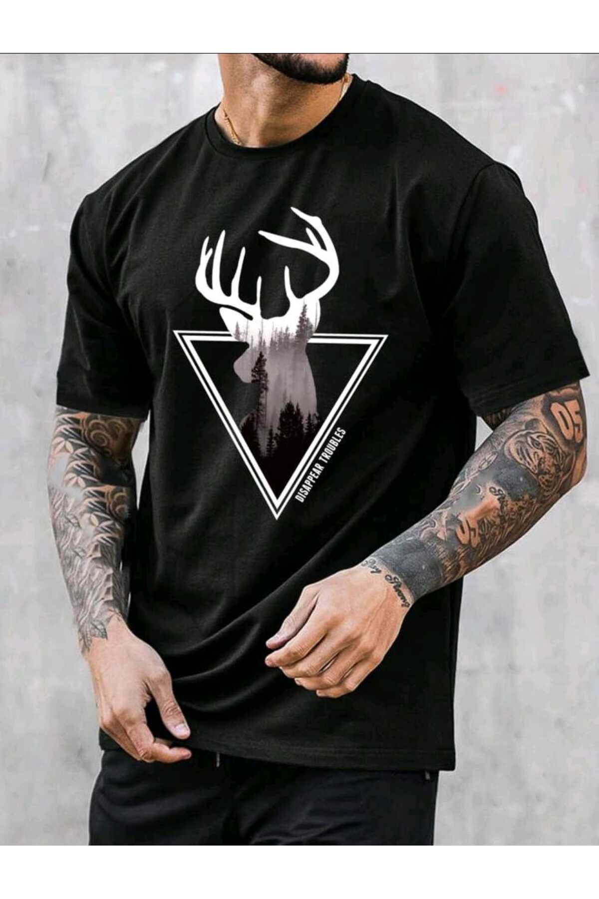 Geyik Baskılı Pamuklu Kısa Kol (Oversize) Tshirt